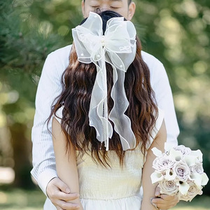 Accessoires de robe de mariée style féerique : Pince à <span class=keywords><strong>cheveux</strong></span> en mousseline blanche avec nœud, voile de mariée court, pince à <span class=keywords><strong>cheveux</strong></span> élégante en tulle blanc avec ruban - Product Image 6