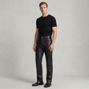 Men's High Waist Black Leather Straight Leg Pants With Button Fly Smart Casual Autumn Wear - Product Image 1