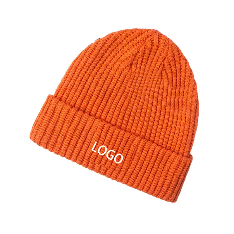 Custom knitted ribbed toque acrylic yellow orange green winter cap cotton woven label sport beanie hat