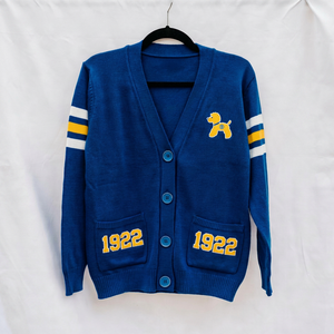 เสื้อสเวตเตอร์ถักไหมพรมสำหรับผู้หญิง Sigma Gamma Rho แบบสั่งทำพิเศษ OEM ODM ประดับมุก  แบบถักลายโปร่ง สีน้ำเงินรอยัลและสีขาว - Product Image 1
