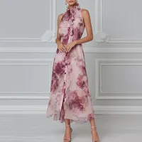 Robe longue élégante sans manches violette taille haute coupe ample pour les vacances décontractées – Vente en gros