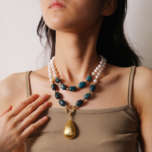 Fashion Blue Apatite Natural Freshwater <strong>Pearl</strong> Double <strong>Pendant</strong> Beaded 18K Gold Plated Women's AAAAA Grade <strong>Necklace</strong> Jewelry for - Product Image 5