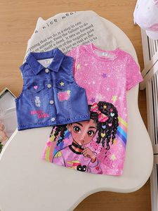 Toptan Bebek Kız Giyim Seti Kısa Kollu Karikatür Baskılı Tişört Elbise + Yelek Ceket 2 Parça Kıyafet Seti - Product Image 3