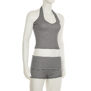 Viviblook Z0207ST Traje deportivo de verano para mujer, chaleco halter a rayas en blanco y negro, pantalones cortos, conjunto de dos piezas - Product Image 4