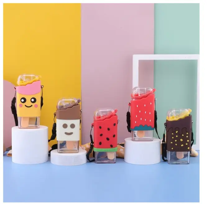 Sáng Tạo Nhựa Popsicle Juice Uống Cup Kawaii Bánh Quy Chai Nước Tái Sử Dụng Nước Jug Leakproof Uống Chai Với Ống Hút