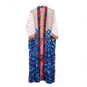 Multi-Colour Up-cycled Sleepwear Vintage Silk Saree Floral Kimono Indian Handmade Maxi Gown Dress Style Knee Length Bathrobe - Product Image 1