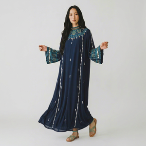 Awais House Women's Maroon Embroidered Organza Modest Floor-Length Abaya Beading Sheer Layer Full Sleeve Sweetheart Middle East - Product Image 1