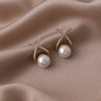 Pendientes de tuerca de perlas de lujo para mujer, joyería de moda en forma de X, aretes de gota de perlas de diamante de aleación para mujer 2022