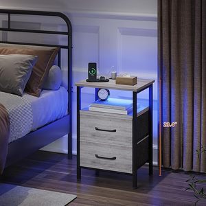 Juego de 2 Mesitas de Noche, Mesita de Noche con Estación de Carga y Luces LED, Mesa Auxiliar con 2 Cajones de Tela para Dormitorio - Product Image 2
