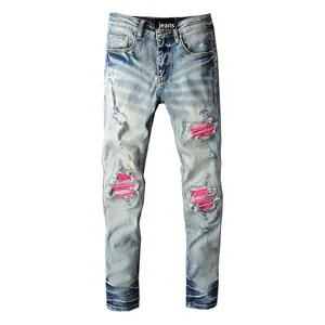 Rts For 805 Men Destroy Damaged Elastic Tapered Ripped Jeans Letter Patches Biker Ripeed Scratch Boy Jeans For Men