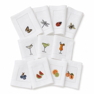 Serviettes de cocktail en lin brodées carrées, décoration de table faite à la main, style classique, motifs de fruits et d'insectes, couleurs personnalisables, logo - Product Image 1