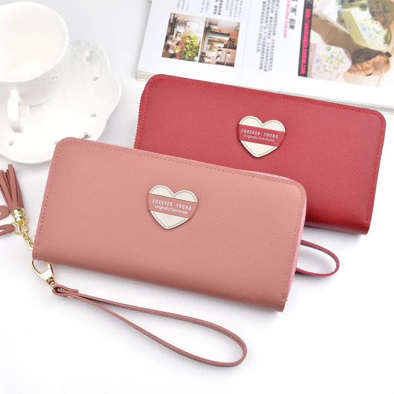 China Supplier Women Fashion Tassels Multi Card Long Wallet PU Leather Wristlet Purse