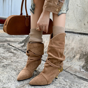 Nuevo estilo europeo americano puntiagudo Denim High Top 5cm tacón fino Slip-On fruncido apilado <span class=keywords><strong>botas</strong></span> cortas puño de gran tamaño - Product Image 5