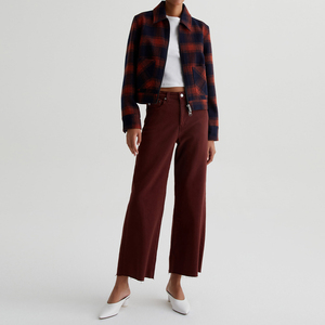 OEM/ODM <span class=keywords><strong>Jean</strong></span> court <span class=keywords><strong>bordeaux</strong></span> profond taille haute jambe large pour les femmes ourlets bruts de coton denim hyper doux taille extensible à double élastique - Product Image 5