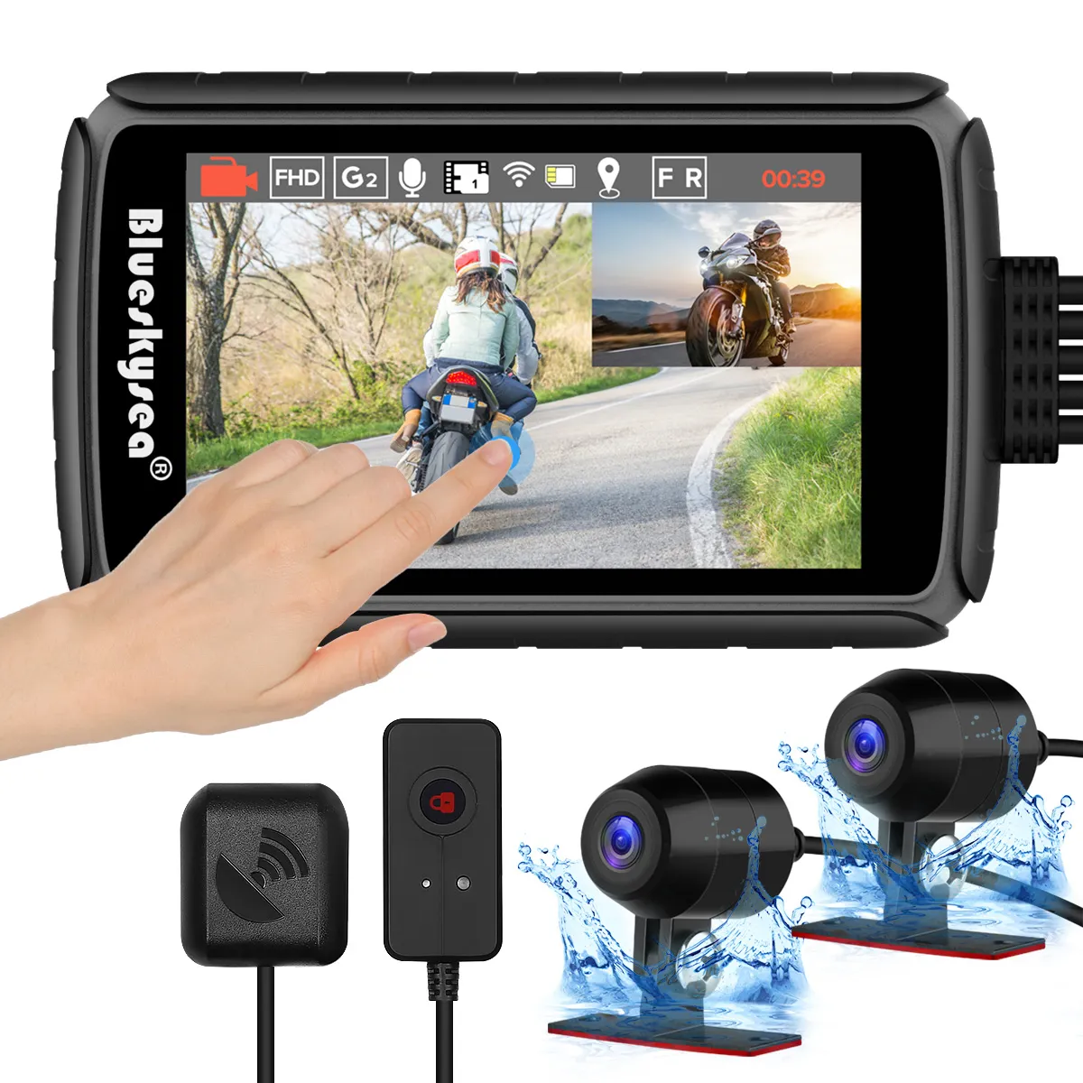 Blueskysea DV988 Pro 4'' IPS Touch Screen Dual IP66 140 Wide Angle Len Motorcycle Recording DVR Recorder Dash Cam with GPS WIFI