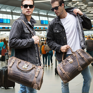 New Design Extra <b>Large</b> Luxury Brown Vintage Duffel Bag Alligator Pattern Genuine Leather Carry <b>Holdall</b> Capacity Drop Shipping - Product Image 2