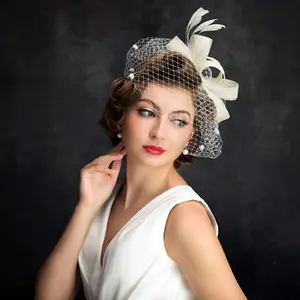 Retro coreano pizzo mesh piuma cappello da sposa e chiesa fascinators cappelli da sposa donne festa chapeau mariage