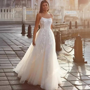 White <b>Spaghetti</b> <b>Strap</b> Lace A-Line Wedding Dress Square Neck Backless Natural Waist Lightweight Bridal Gown - Product Image 1