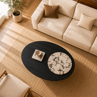 Table basse ovale moderne et écologique avec plateau en bois noir et accent en marbre pour le mobilier de salon