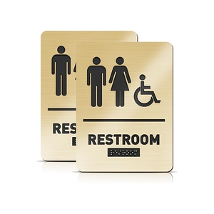 Panneaux <span class=keywords><strong>de</strong></span> <span class=keywords><strong>porte</strong></span> modernes unisexes/conformes ADA pour fauteuils roulants, en ACM brossé or, résistants aux rayures et aux UV, avec signalisation Braille pour salles <span class=keywords><strong>de</strong></span> <span class=keywords><strong>bain</strong></span> - Product Image 1