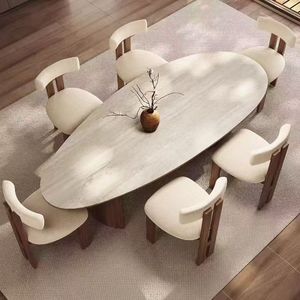 Set da Pranzo Moderno in Stile Francese, Tavolo in Noce Nero Chiaro con Piano in Pietra Sinterizzata a Forma di Goccia d'Acqua, <span class=keywords><strong>Arredamento</strong></span> <span class=keywords><strong>per</strong></span> la Casa - Product Image 1
