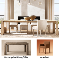 Ensemble de salle à manger rectangulaire en bois recyclé de style rustique avec pieds épais et chaises en tissu pour villas, hôtels et espaces de type boutique