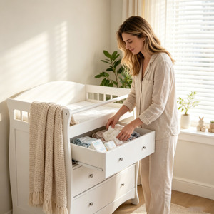 Mesa Cambiador de Bebés Blanca con Cajón y Almacenamiento, de Madera, Precio Mayorista - Product Image 3