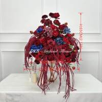 DKB 2026 Bunga Bola Kreatif Merah Burgundy dan Biru Royal Campuran 60cm Hiasan Tengah Meja Bunga Unik Besar dengan Bunga Berjuntai