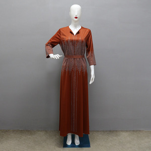 Vestido Largo con Cinturón de Manga Larga Estilo Musulmán de Oriente Medio, Vestido de Noche con Diamantes Termoadhesivos para Mujer - Product Image 6