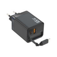 Chargeur GaN PD 65W nouvellement lancé avec câble extensible, chargeurs muraux USB rétractables pour téléphones portables, approuvé CE ROHS U'L
