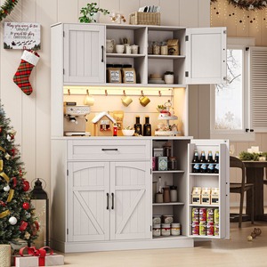 Armoire de rangement pour cuisine avec éclairage LED et prise, buffet de cuisine avec étagère pour micro-ondes et 6 crochets pour salle à manger - Product Image 1