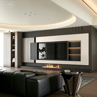 Meuble TV mural de luxe moderne sur mesure avec foyer intégré, éclairage LED et armoires de rangement sans poignées pour salon