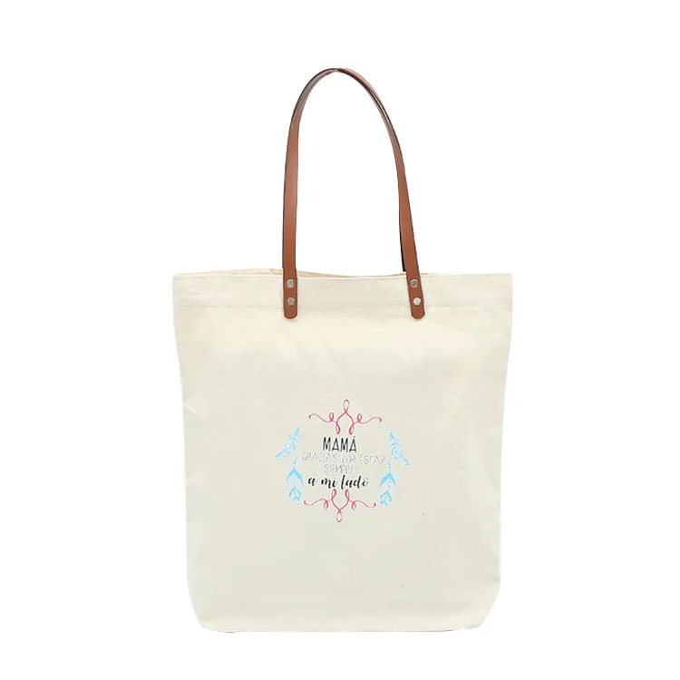 Bolsa de sacola de algodão com algodão, bolsa de sacola eco-friendly com logotipo personalizado orgânico natural com alça de couro