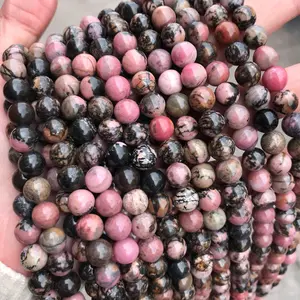 批发粉色黑色红宝石光滑圆珠宝石圆形松散能量治疗珠