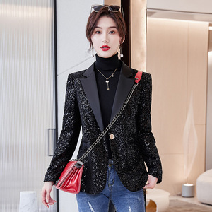 Women's Black <b>Sequined</b> Blazer Solid Color Polyester Fiber Spring Autumn Stylish <b>Jacket</b> - Product Image 4