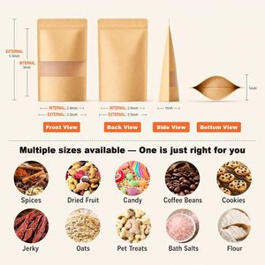 Sachets en papier refermables FireKylin 100 ml avec fenêtre mate pour le stockage alimentaire, sacs kraft marron à fond plat, fermeture éclair, thermoscellables - Product Image 2