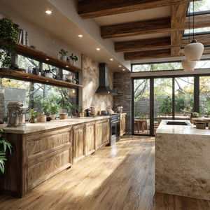 Gabinetes de Cocina y Comedor <span class=keywords><strong>Modulares</strong></span> Rústicos VSME con Puertas de Madera Natural, Cierre Suave, Iluminación LED e Isla de Mármol - Product Image 1