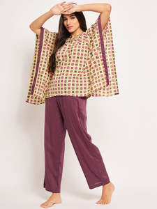 Conjunto caftán de pijama de algodón 100% personalizado al por mayor para mujer estampado de bloque amarillo con manga larga ropa de dormir informal para primavera y verano - Product Image 3