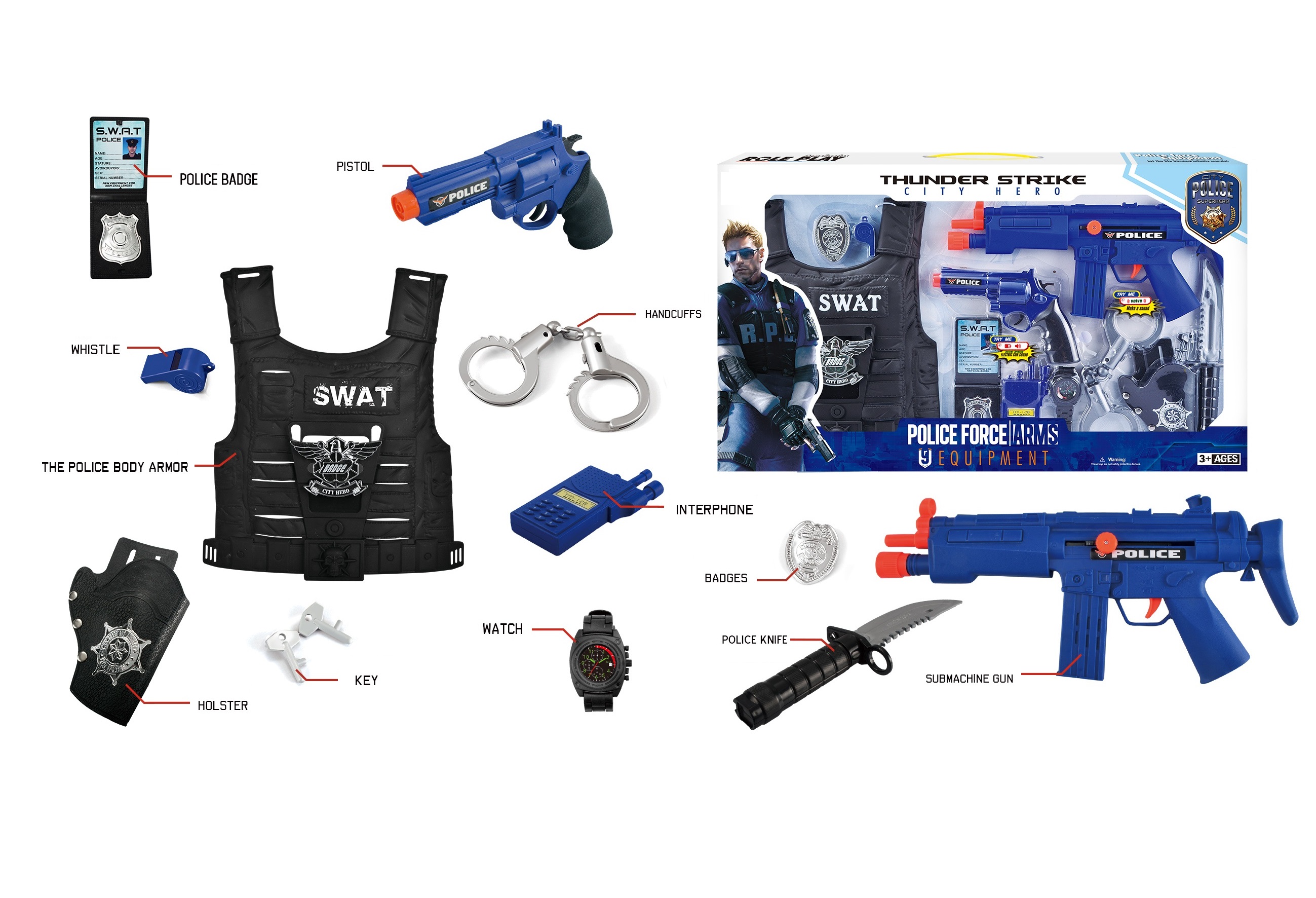 Полицейская Униформа с шлемом и пистолетом, комплект полицейского оборудования, игрушки для ролевых игр для мальчиков