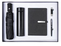 Ensemble cadeau personnalisé : carnet avec stylo, gourde isotherme, parapluie, clé USB et batterie externe