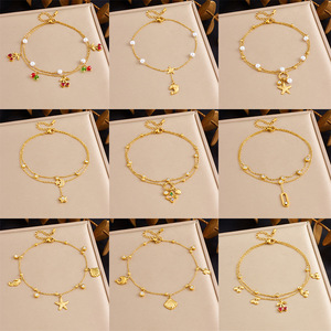 Tobillera de Acero Inoxidable con Colgante de Doble Cadena y Dijes de Diamantes, Cereza, Estrella de Mar, Flor, Estrella y Luna, Estilo Coreano, para Mujer - Product Image 1