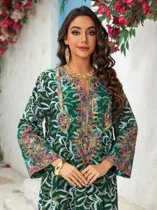 ชุดมุสลิมแบบเรียบหรูดูไบปี 2026 คอจีนยาว สีเขียวเข้ม พิมพ์ลายดอกไม้ ปักลาย อบายะ ไซส์เดียว แขนยาว - Product Image 2