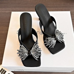Women Square Toe Thong Slide Mules Rhinestone Tassel Decor Flared <b>Heel</b> Slip On Summer Sandals - Product Image 4