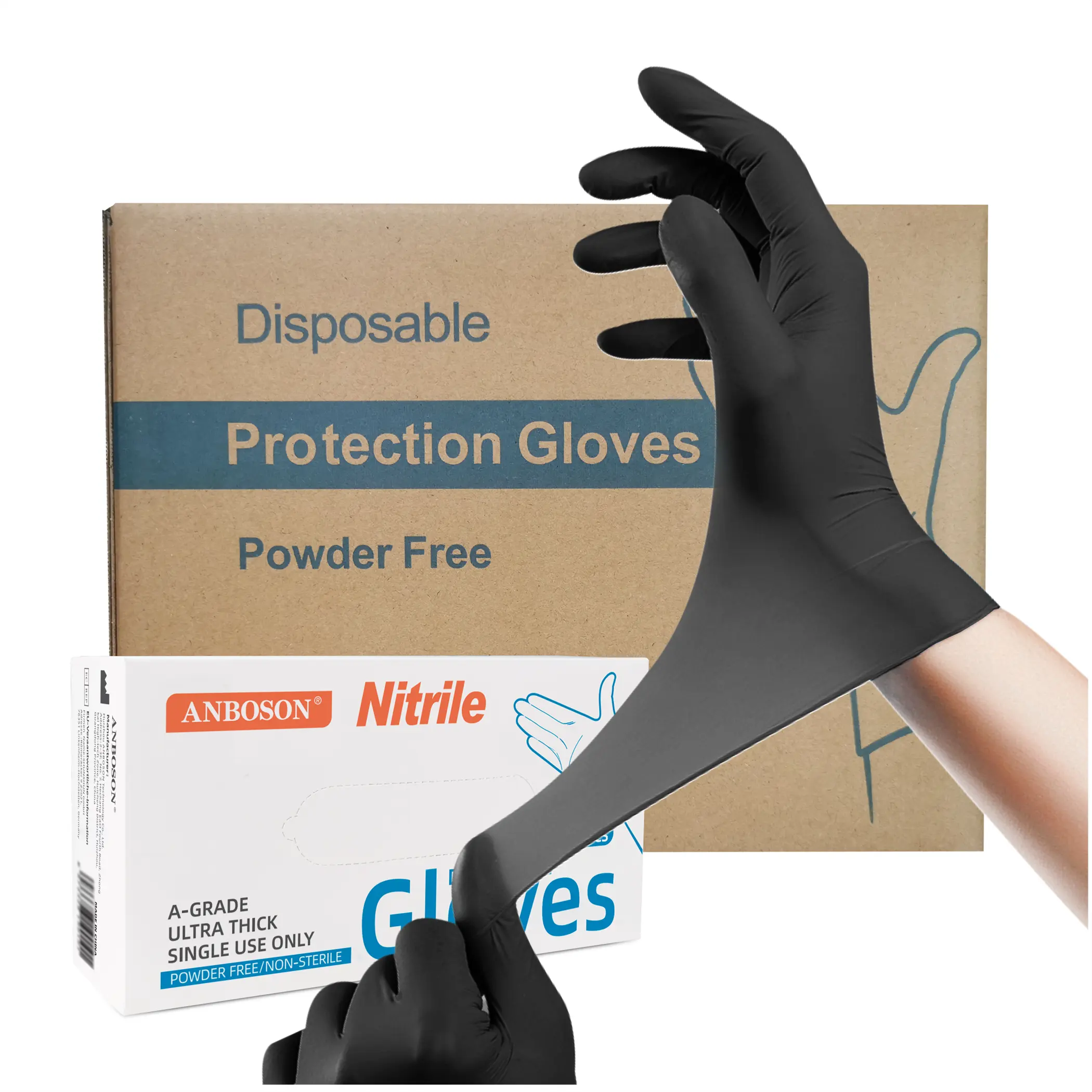 Vente en gros en usine d'Anboson Emballage OEM de 100 gants jetables Gants en nitrile Poudre sans latex Gants en nitrile pur 100%