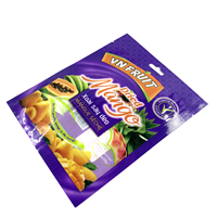 Sacs en Mylar imprimés sur mesure, scellés sur 3 côtés, résistants à l'humidité, avec trou de suspension et encoche de déchirement, pour l'emballage de mangues séchées, de fruits secs et de snacks.