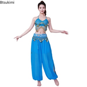 Ensemble pantalon et haut à bretelles sexy en <span class=keywords><strong>crochet</strong></span> fait main avec pompons et pièces de monnaie dorées pour femmes, tenue de danse orientale et costumes de scène - Product Image 1