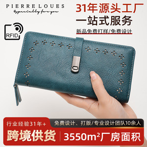 Pierreloues Women's Long <b>Wallet</b> <b>RFID</b> Anti-Theft Oil-Waxed Leather Hollow Design Multiple Card Slots Everyday Use - Product Image 4