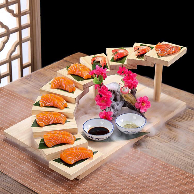 Natural Multi-tiered wooden staircase dinner plate for professional sushi presentation