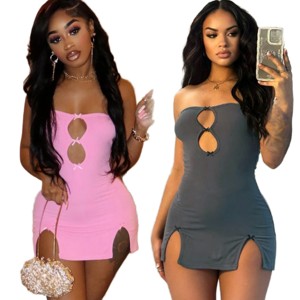 Spalline Spaghetti Sexy traforato Cross Bondage <span class=keywords><strong>Mini</strong></span> <span class=keywords><strong>abito</strong></span> Clubwear per le donne del partito - Product Image 2