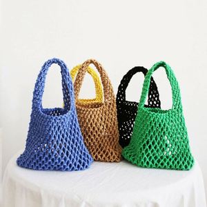 Solid Color Cotton Rope Hollowed Out Net Mesh Small Beach Bag Fashion Holiday Portable <b>Tote</b> Bags for Women Beach - Product Image 1